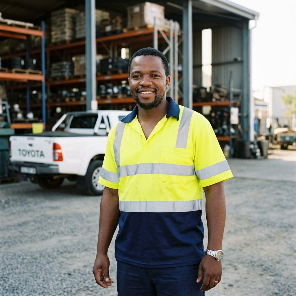 Tradesman in a Tuff hi-viz golf shirt at a worksite