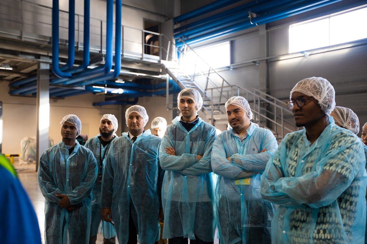 Food factory workers in protective uniforms